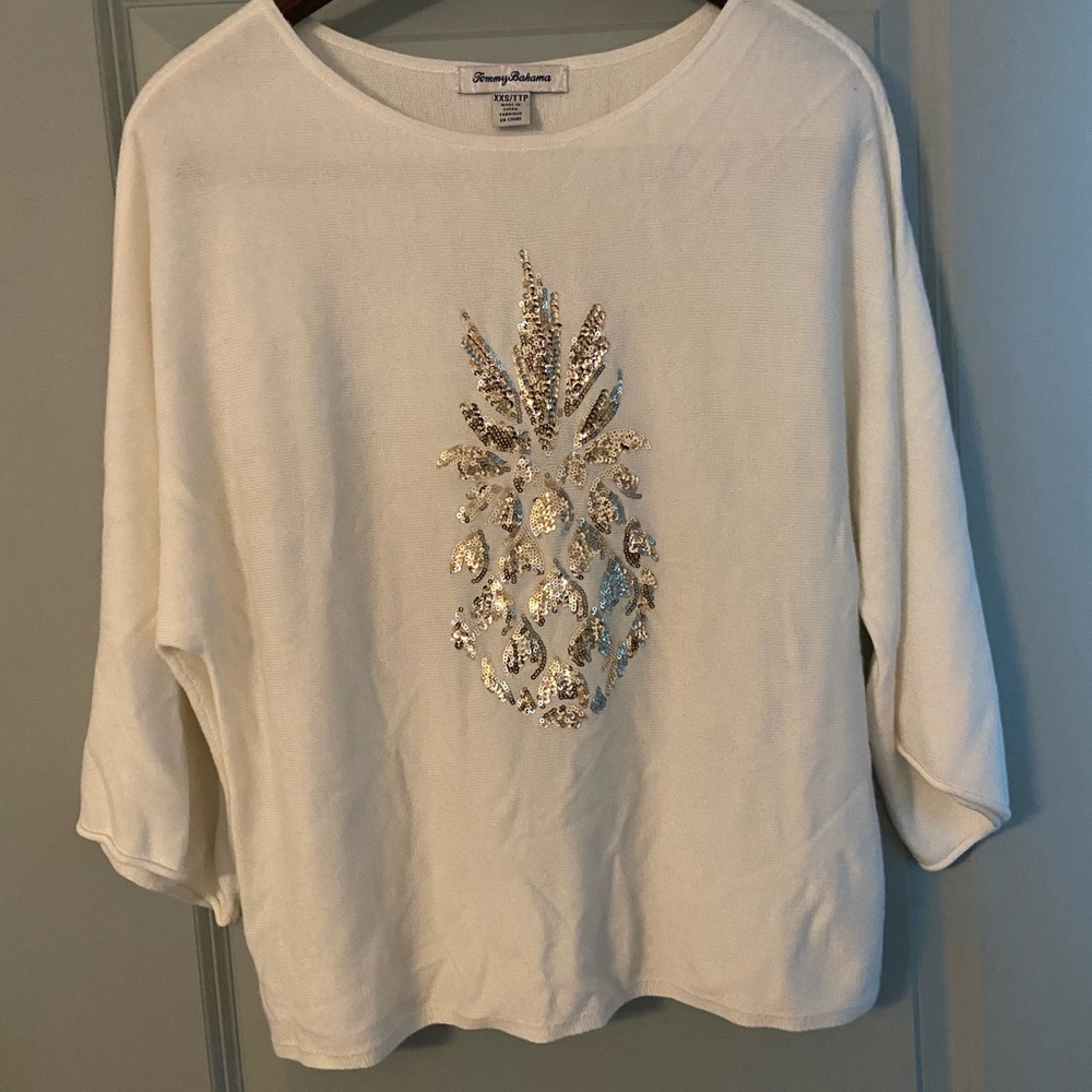 Tommy Bahama Cream Sequin Pineapple Blouse